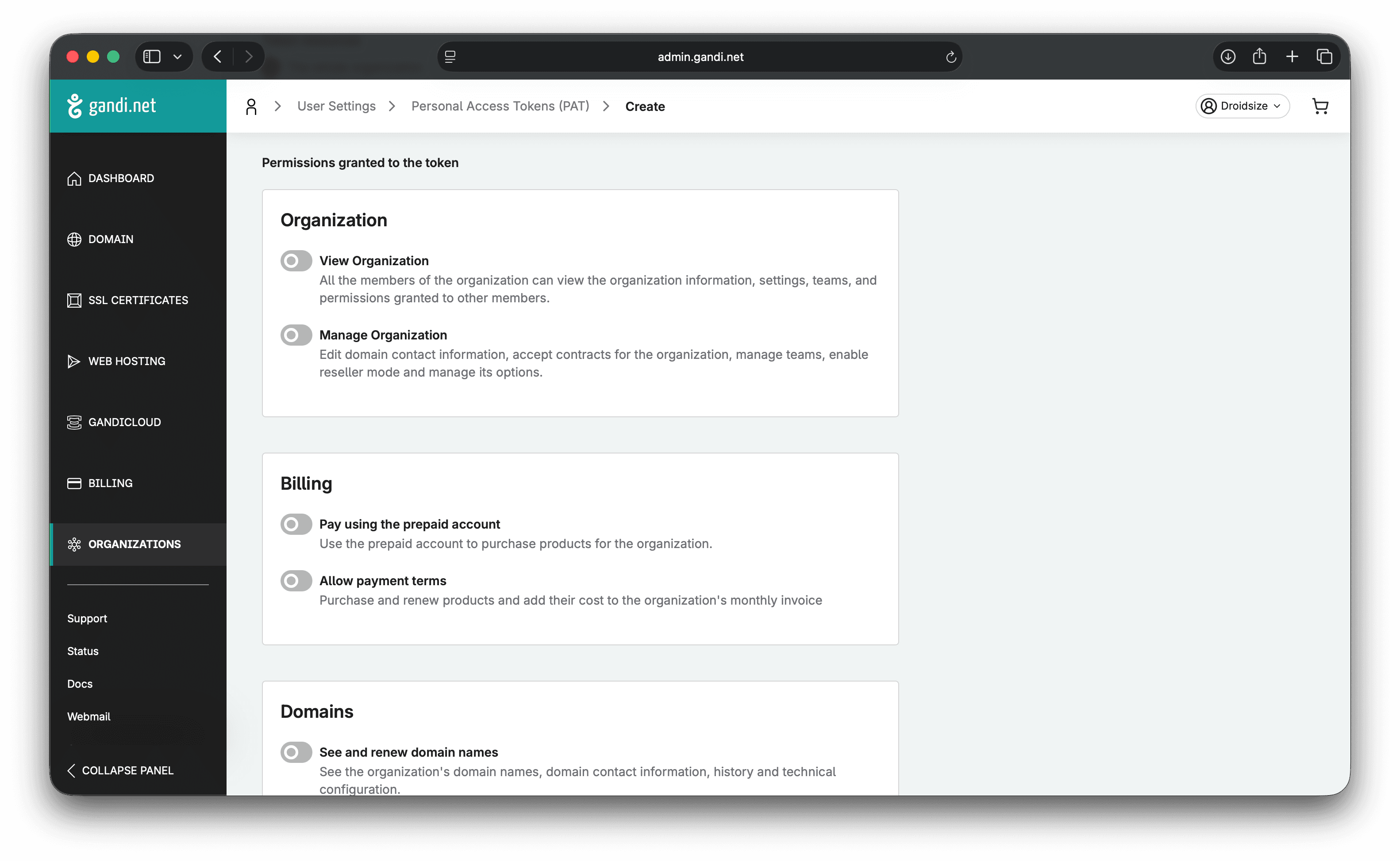 Gandi token permissions