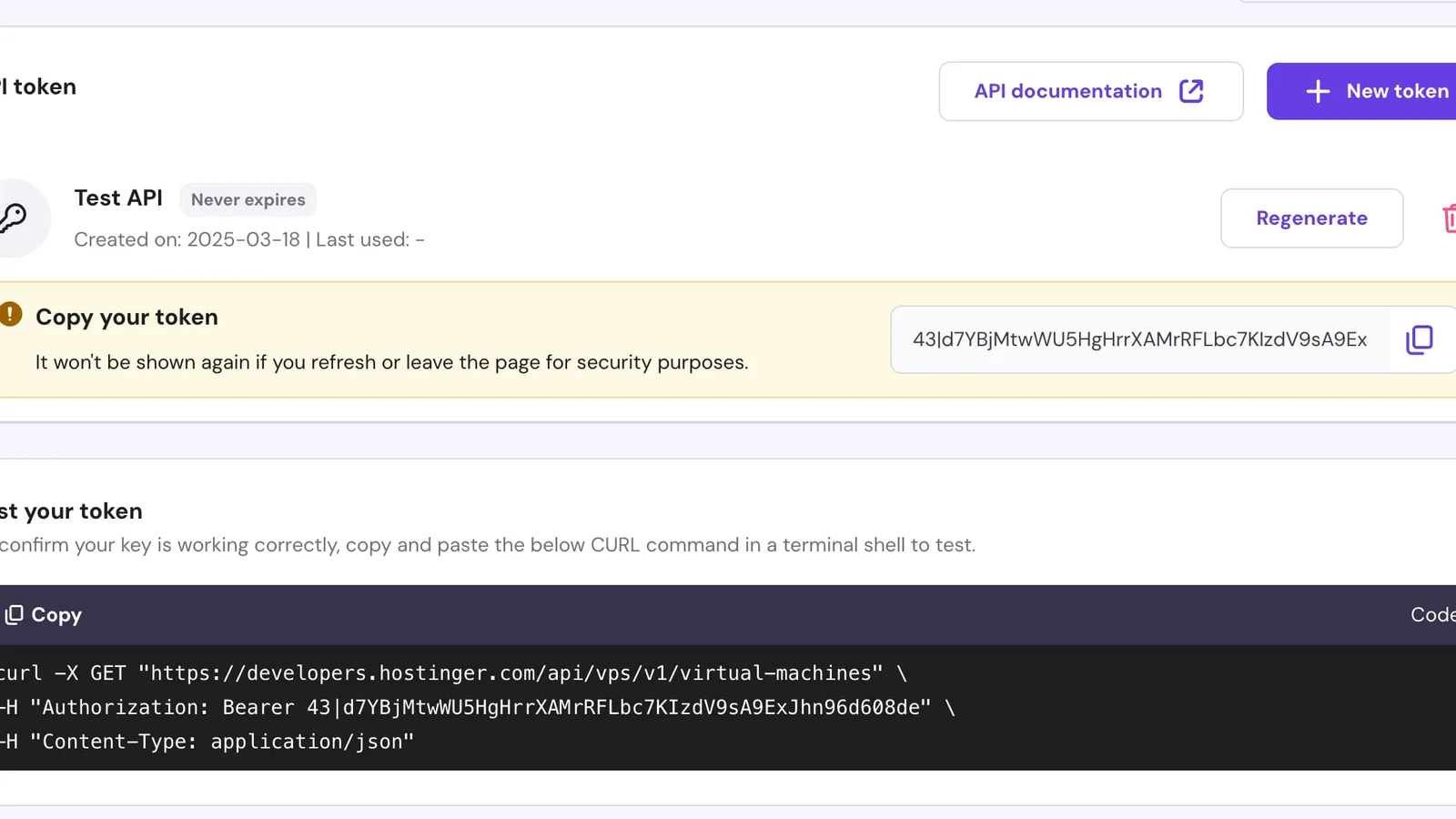 Create Hostinger API token