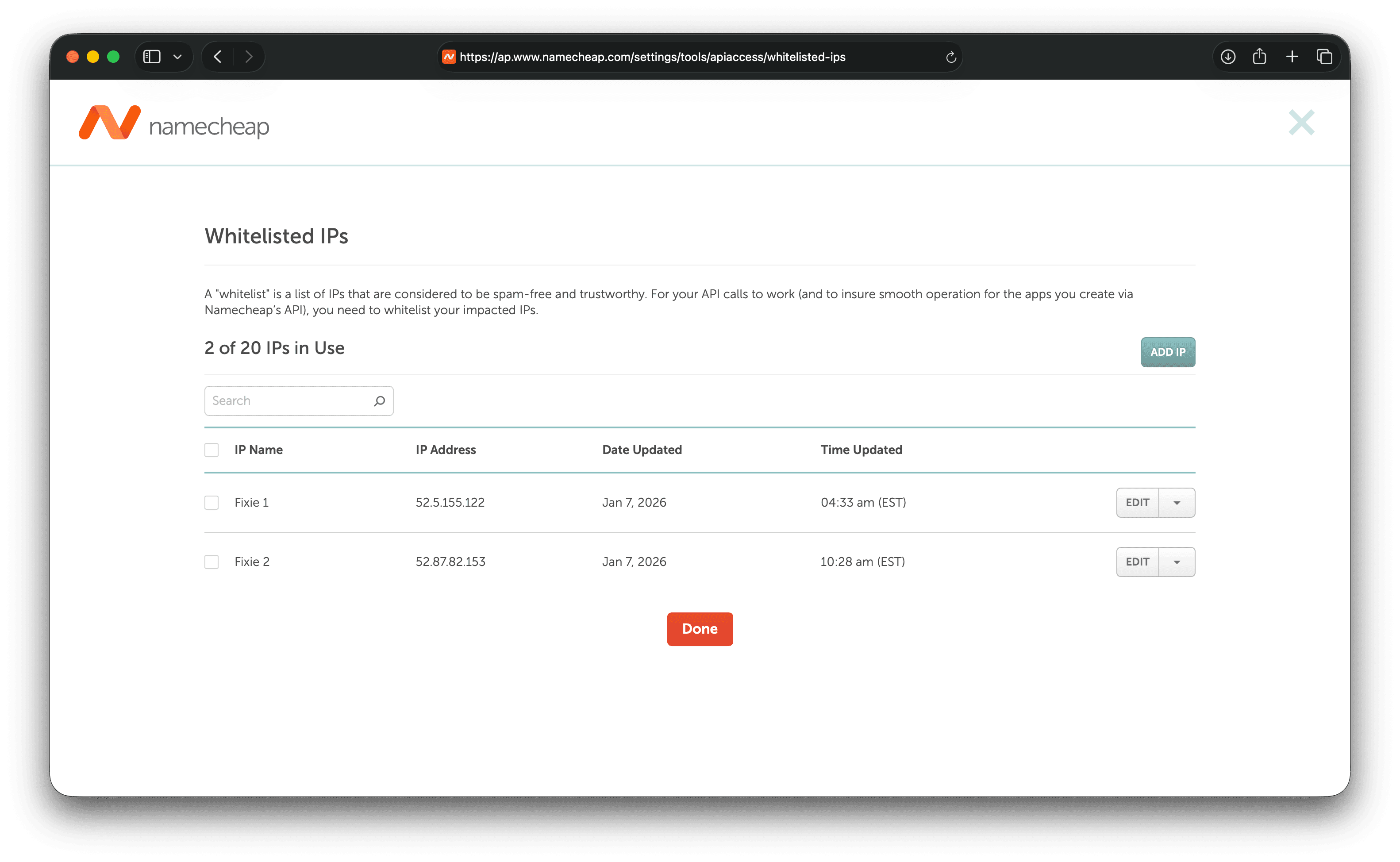 Namecheap whitelist IPs