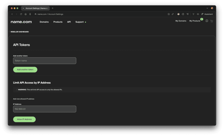 Generate Name.com API token