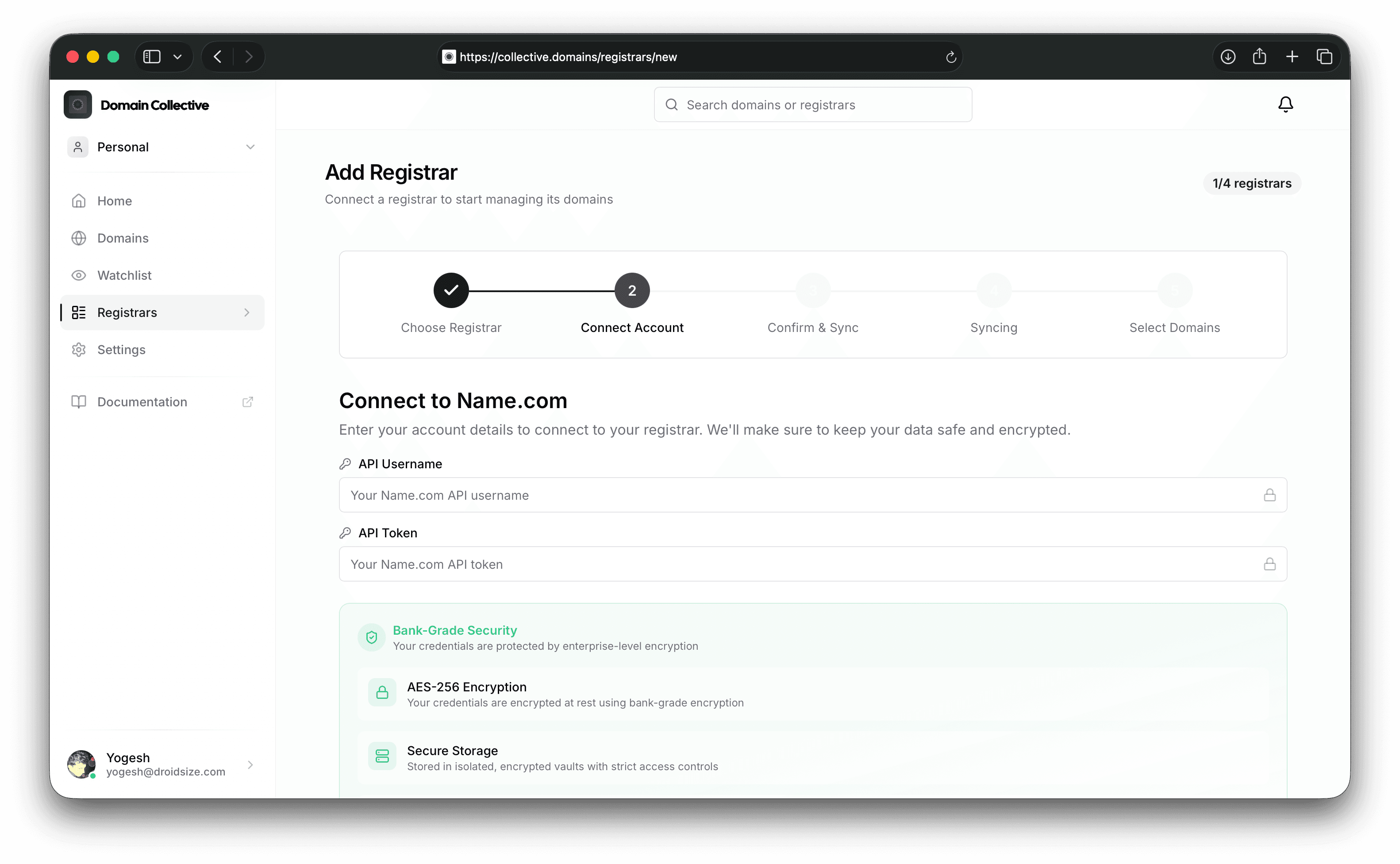 Name.com integration form