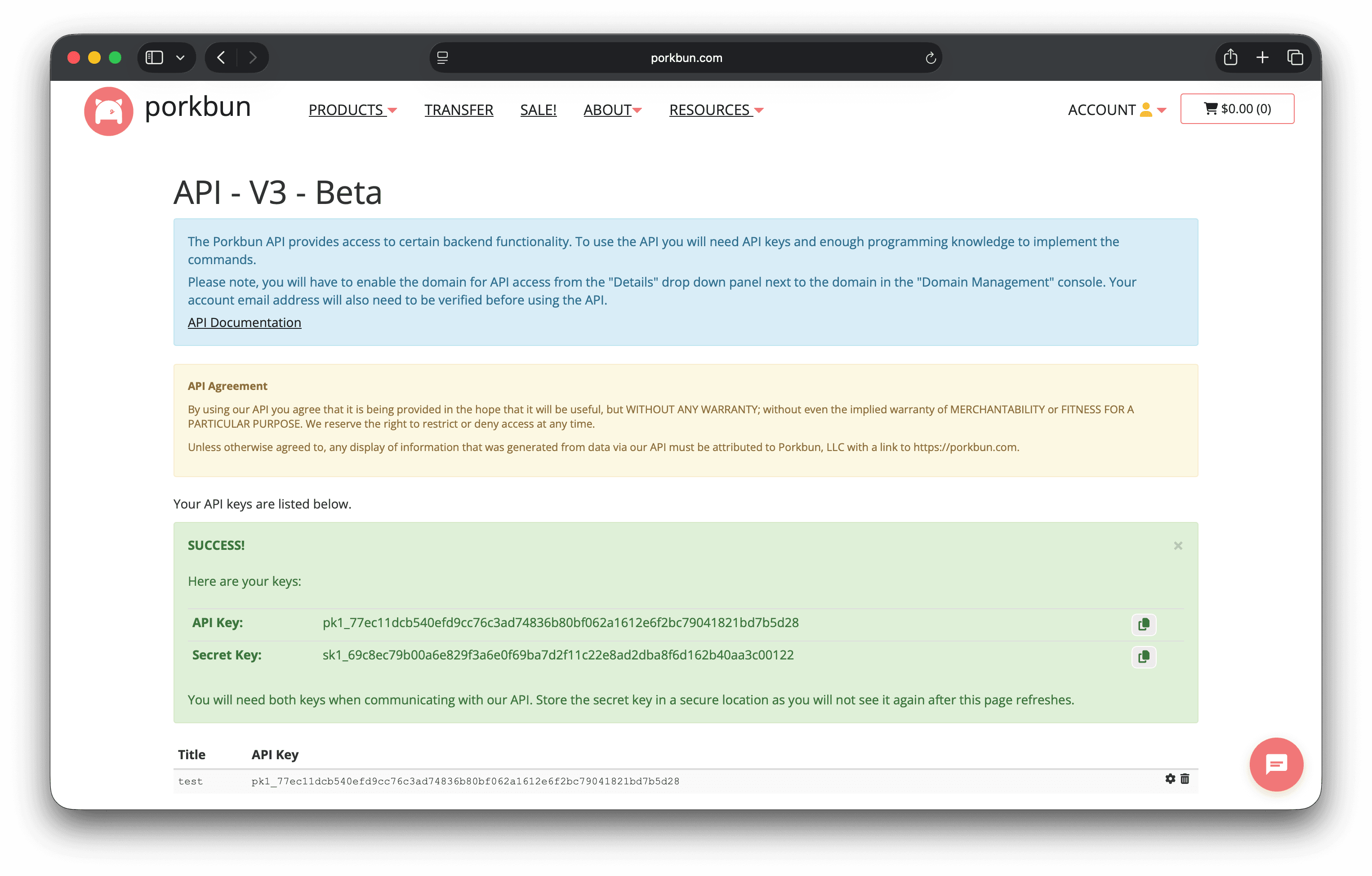 Porkbun API credentials